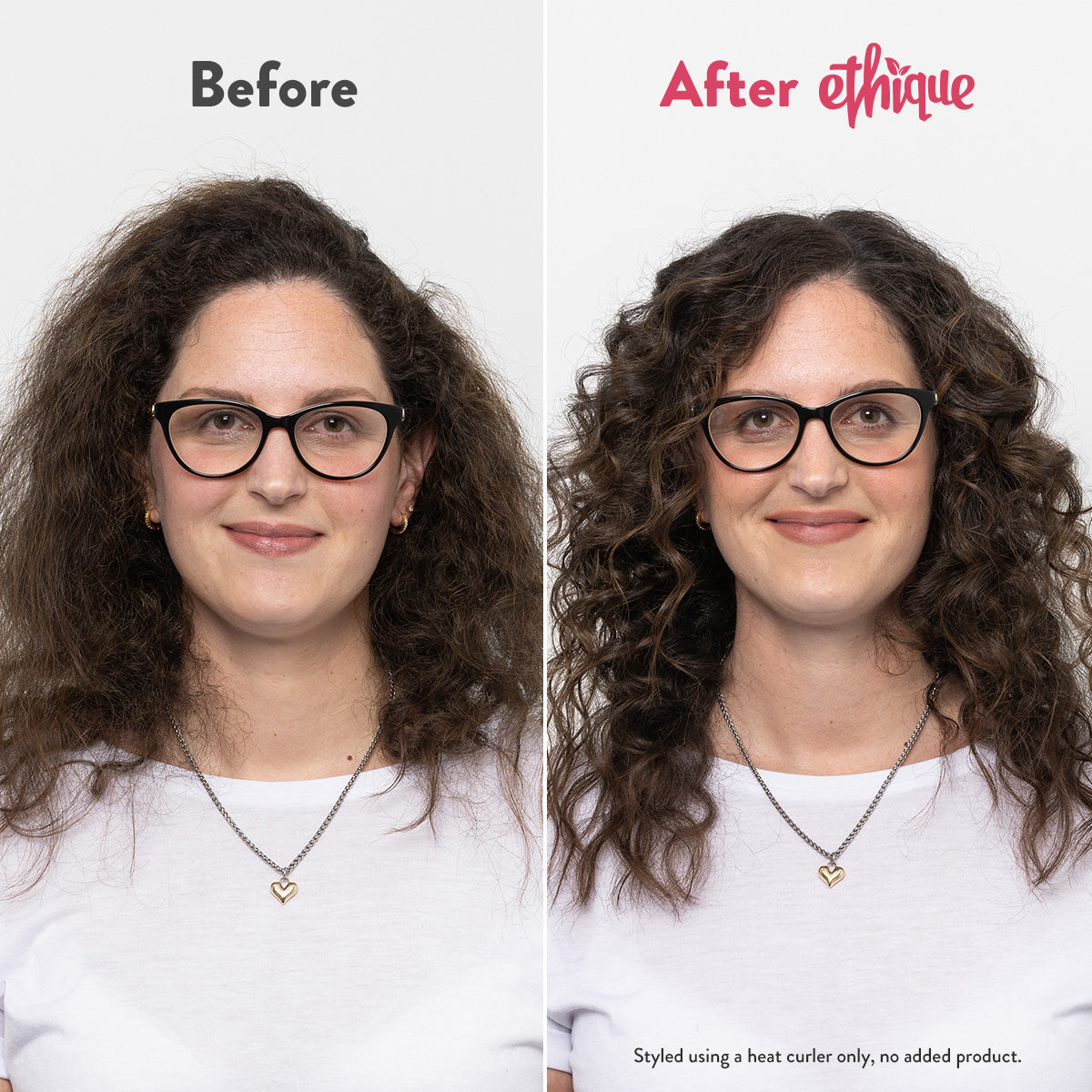 Frizz Wrangler before and after. styled using a heat curler only, no added product