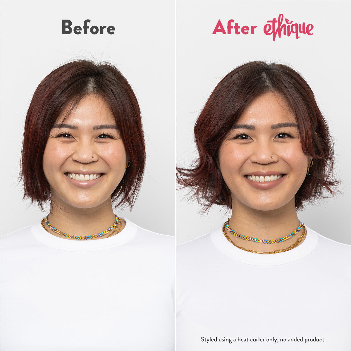 In the Buff before and after. styled using a heat curler only, no added product