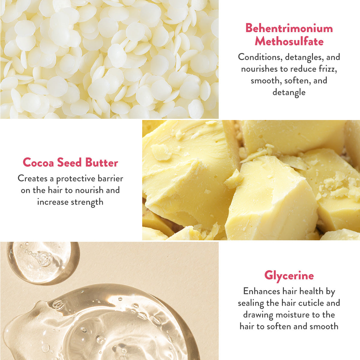 Behentrimonium Methosulfate conditions, detangles, and nourishes to reduce frizz, smooth, soften, and detangle. Cocoa Seed Butter creates a protective barrier on the hair to nourish and increase strength. Glycerine enhances hair health by sealing the hair cuticle and drawing moisture to the hair, to soften and smooth.