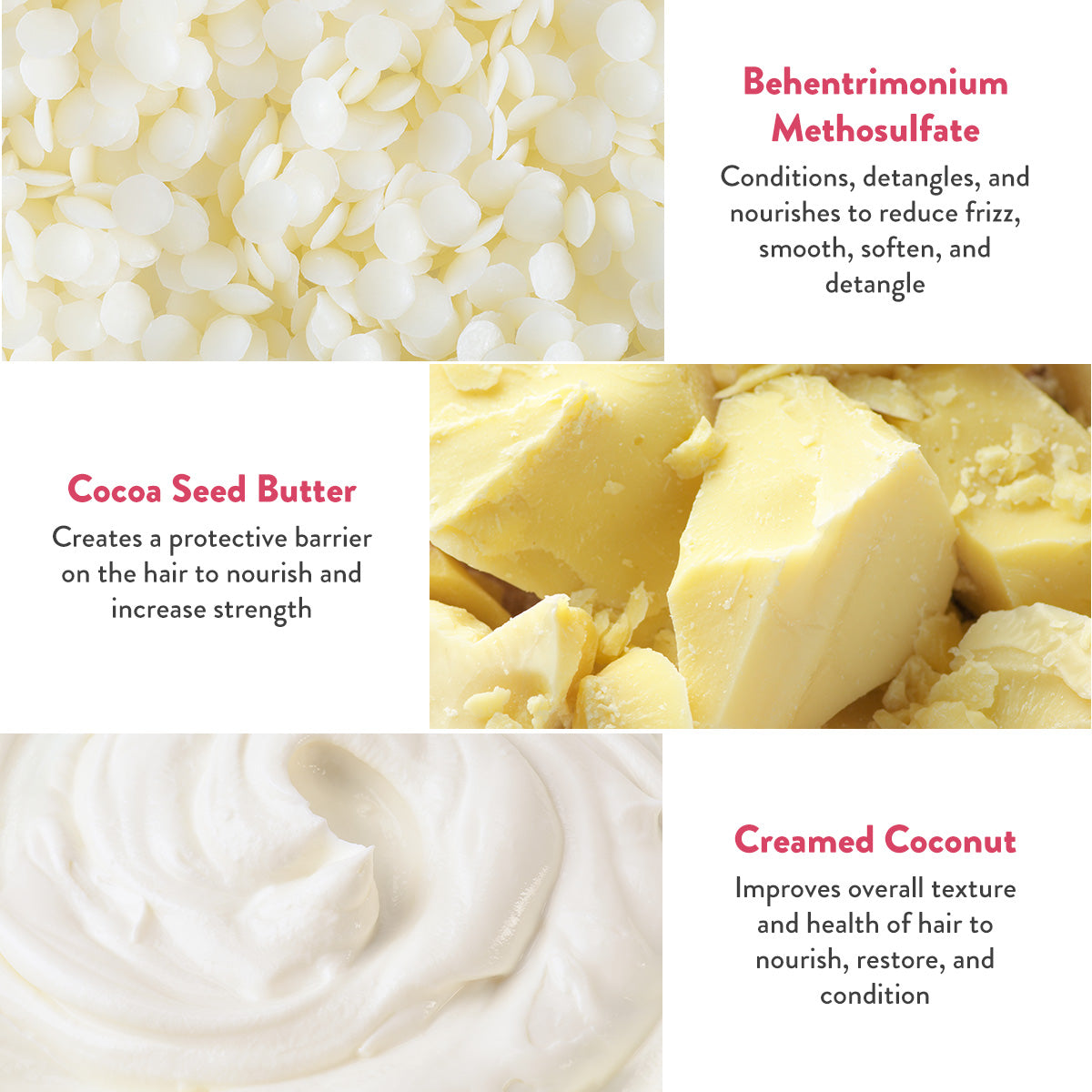 Behentrimonium Methosulfate conditions, detangles, and nourishes to reduce frizz, smooth, soften, and detangle. Cocoa Seed Butter creates a protective barrier on the hair to nourish and increase strength. Creamed coconut improves overall texture and health of hair to nourish, restore, and condition.