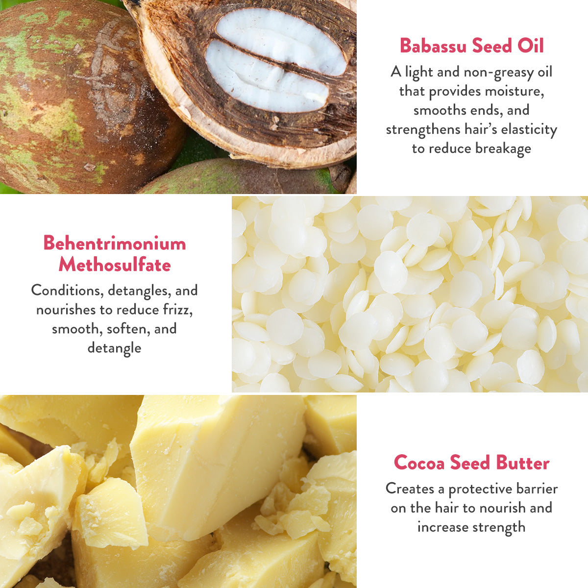 Babassu Seed Oil a light and non greasy oil that provides moisture, smooths ends, and strengthens hair's elasticity to reduce breakage. Cocoa Seed Butter creates a protective barrier on the hair to nourish and increase strength. Behentrimonium Methosulfate conditions, detangles, and nourishes to reduce frizz, smooth, soften, and detangle.