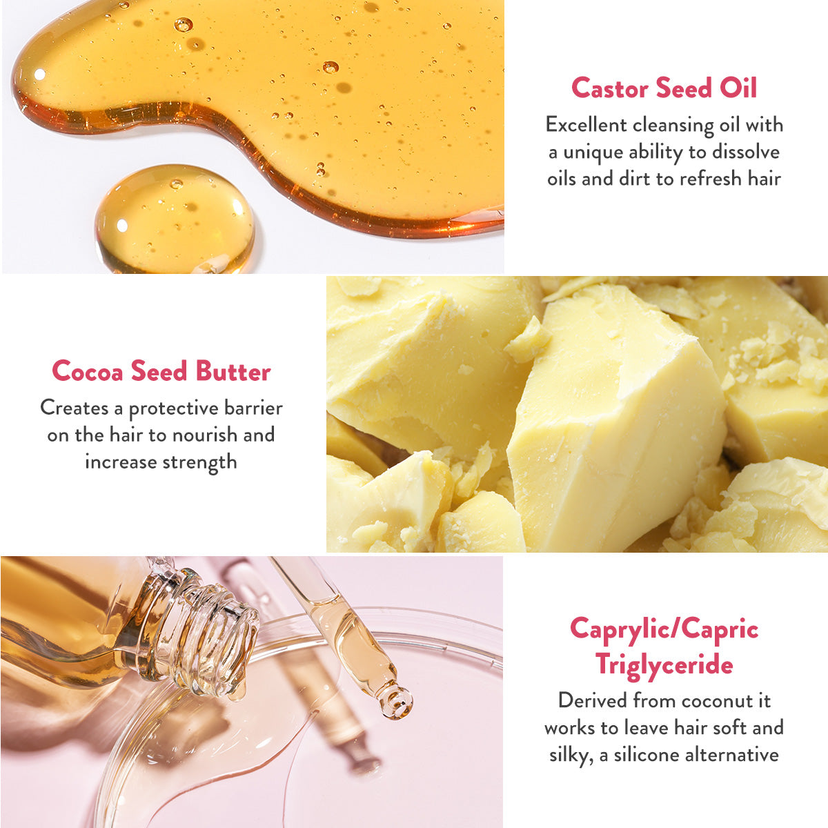 Castor Seed Oil excellent cleansing oil with a unique ability to dissolve oils and dirt to refresh hair. Cocoa Seed Butter creates a protective barrier on the hair to nourish and increase strength. Caprylic/Capric Triglyceride derived from coconut it works to leave hair soft and silky, a silicone alternative.