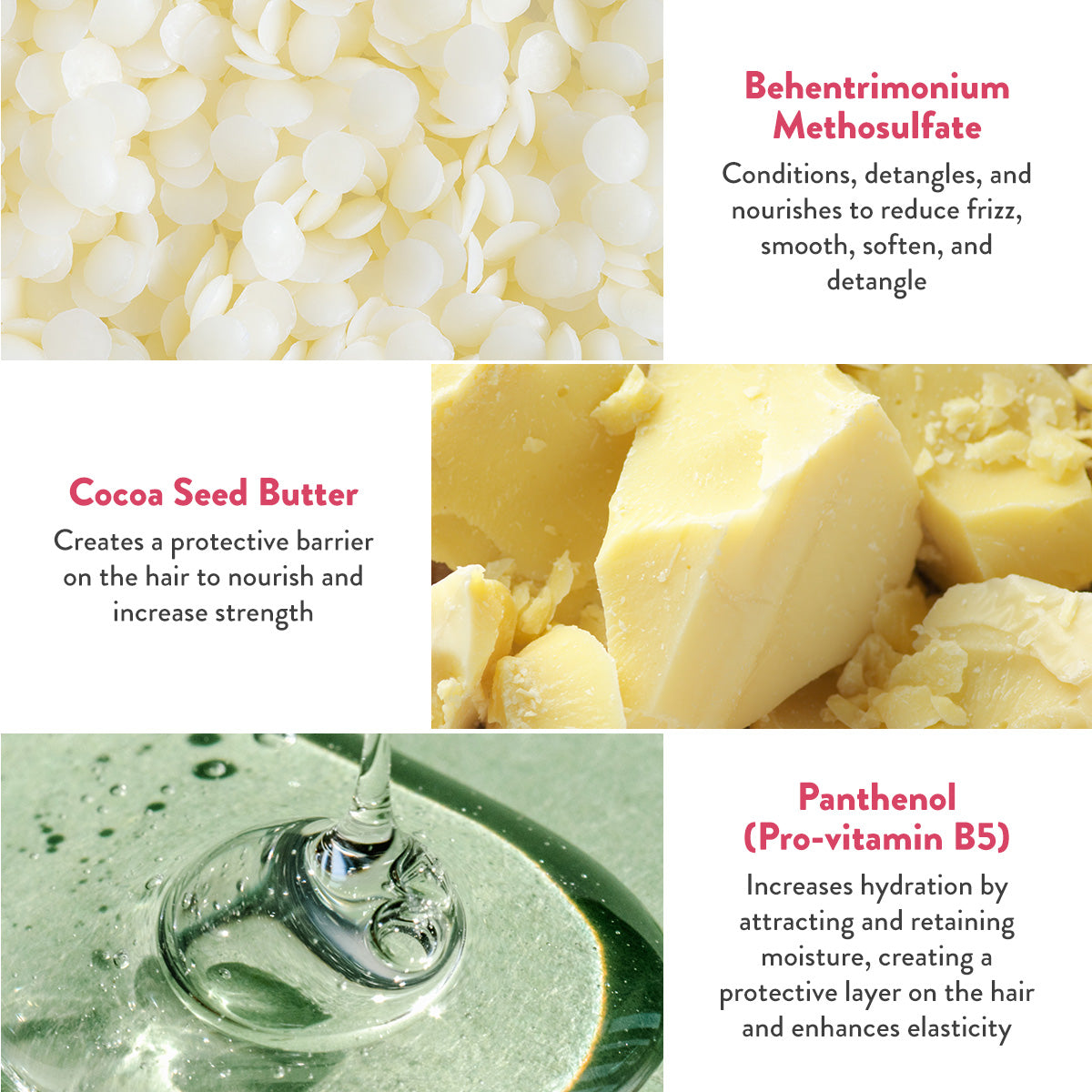 Behentrimonium Methosulfate conditions, detangles, and nourishes to reduce frizz, smooth, soften, and detangle. Cocoa Seed Butter creates a protective barrier on the hair to nourish and increase strength. Panthenol (pro vitamin B5) increases hydration by attracting and retaining moisture, creating a protective layer on the hair and enhances elasticity.