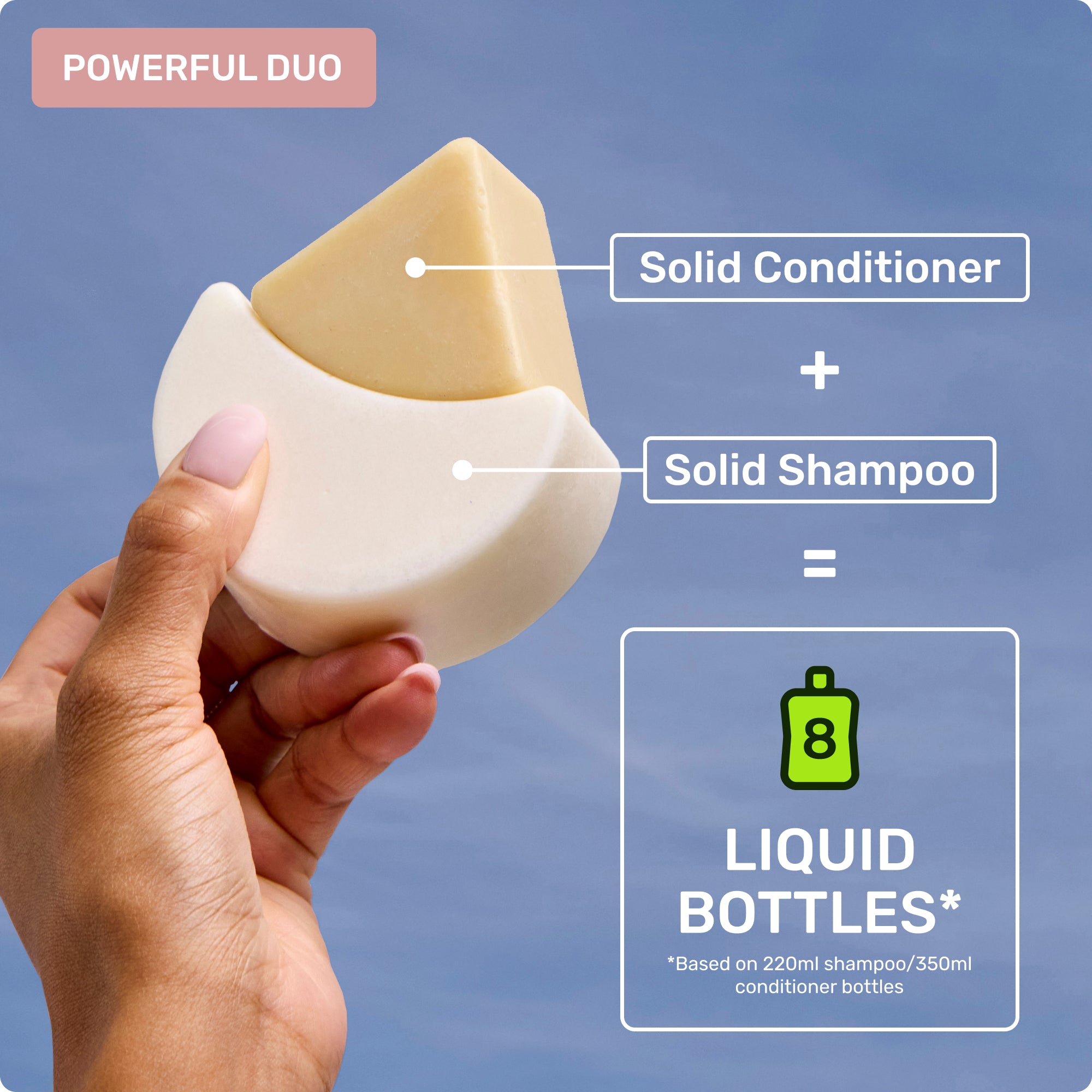 Powerful duo - solid shampoo and conditioner. 8 liquid bottles* *Based on 220ml shampoo/350ml conditioner bottles