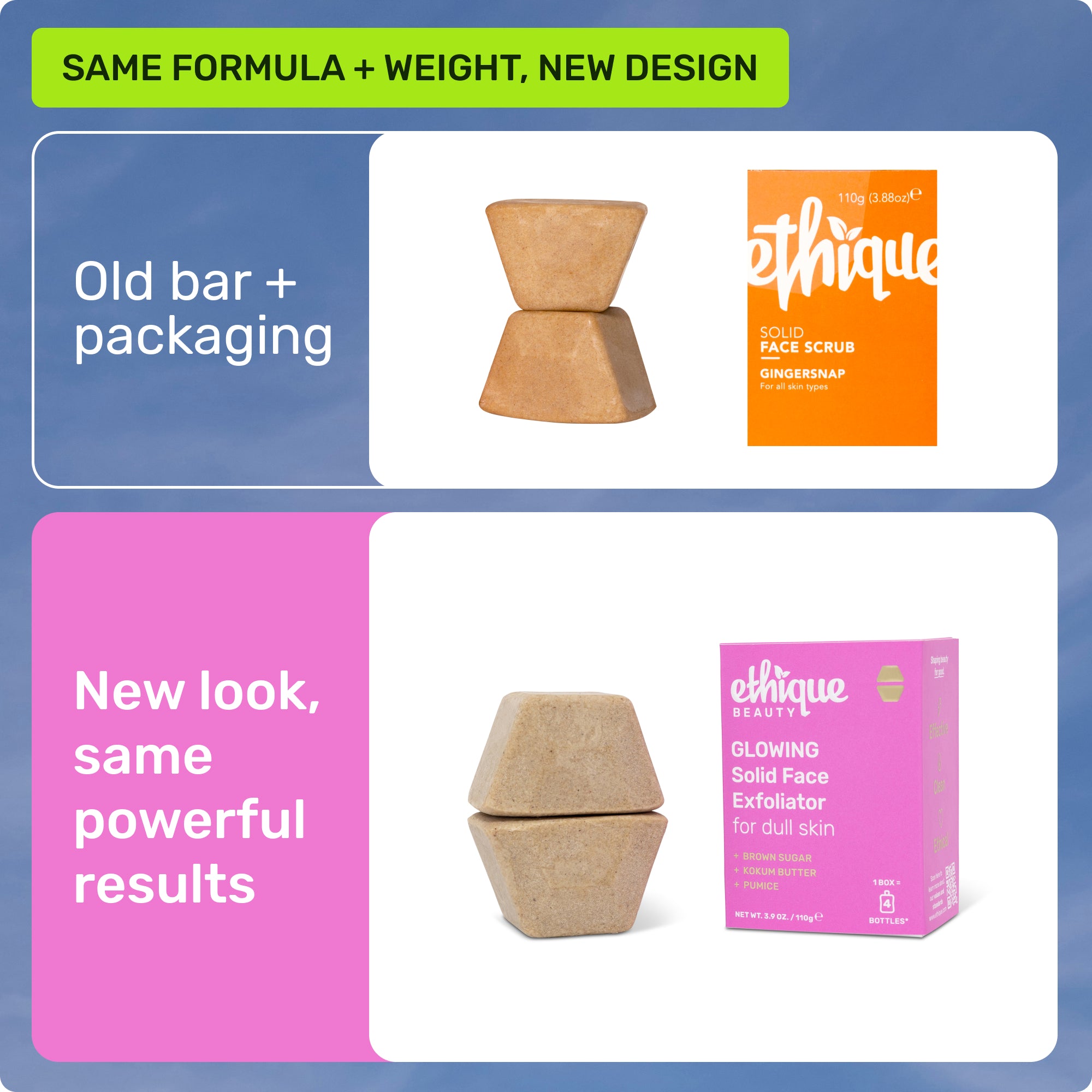 Same formula and weight, new design. Old bar + packaging. New look, same powerful results.
