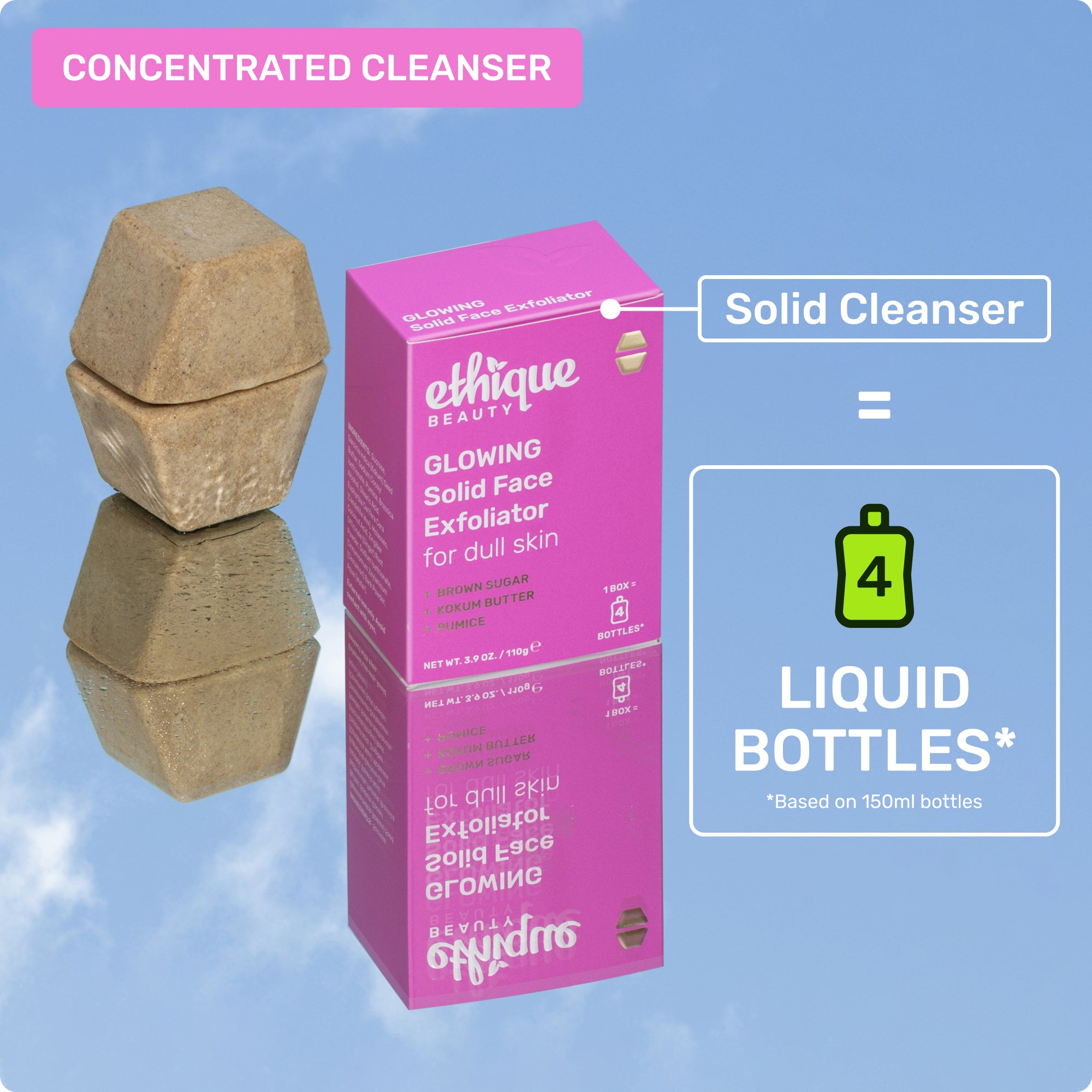 Concentrated cleanser. Solid cleanser. 4 liquid bottles* *based on 150ml bottles