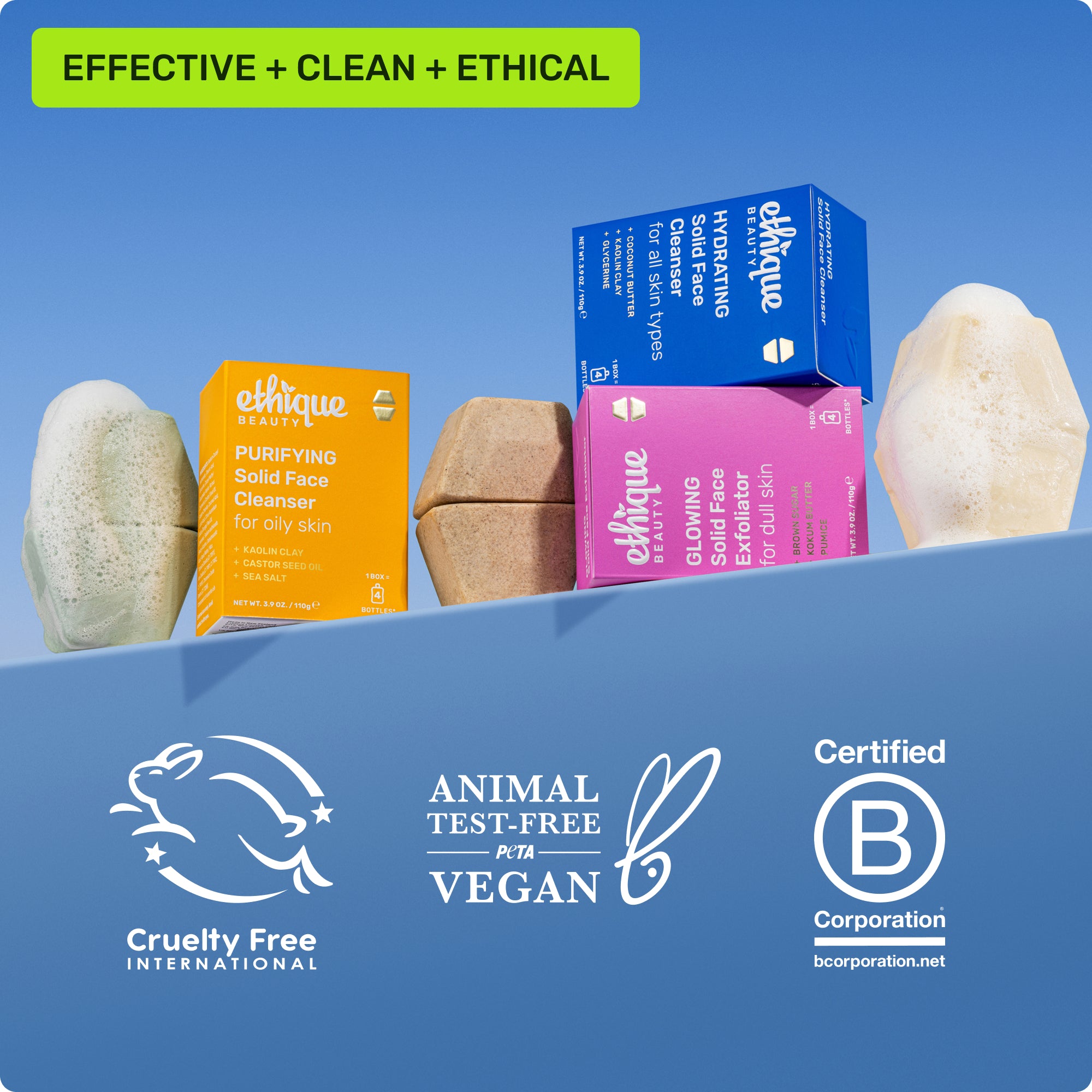 Effective, clean, ethical. Cruelty free international, animal test-free Peta vegan, Certified B Corporation