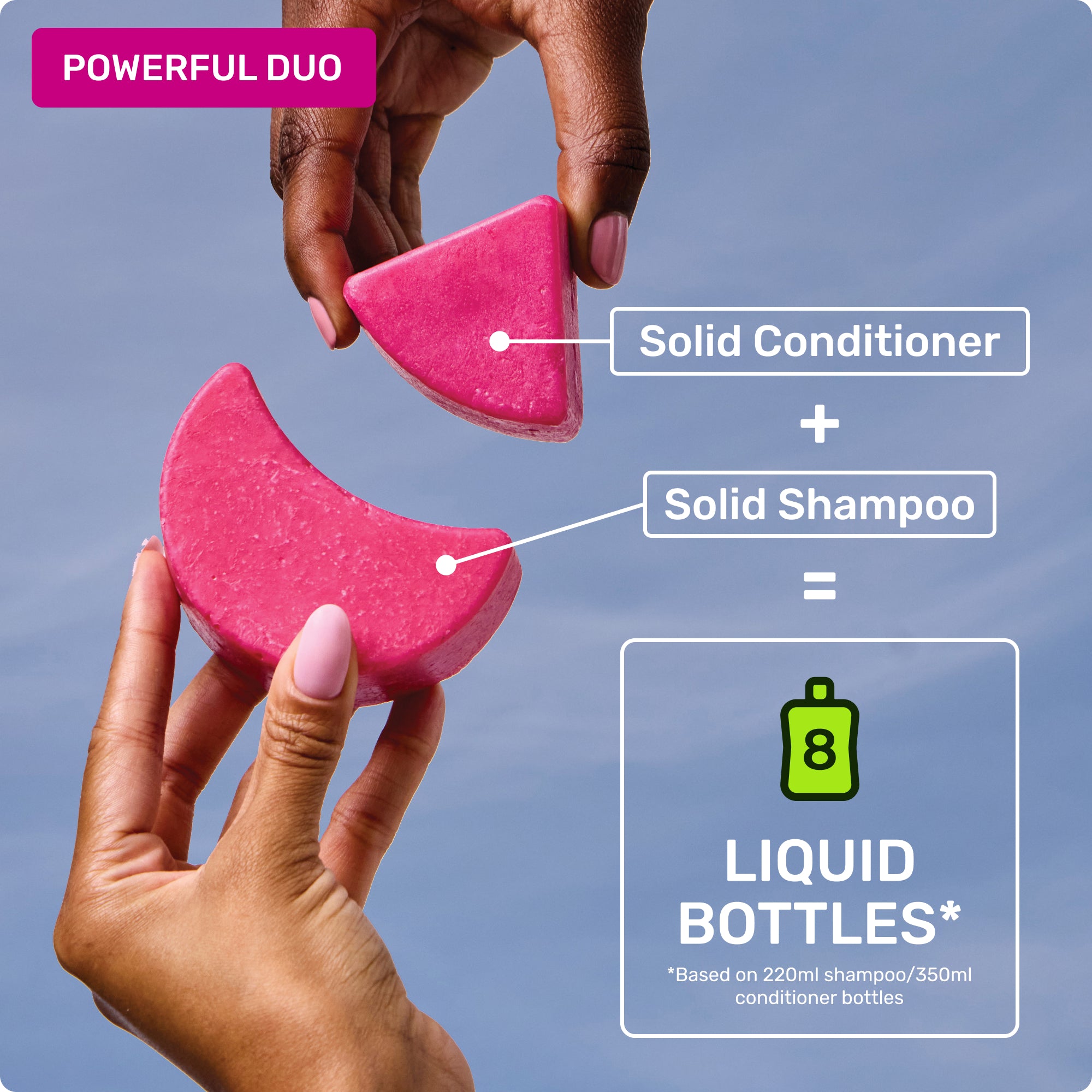 Powerful duo - solid shampoo and conditioner. 8 liquid bottles* *Based on 220ml shampoo/350ml conditioner bottles