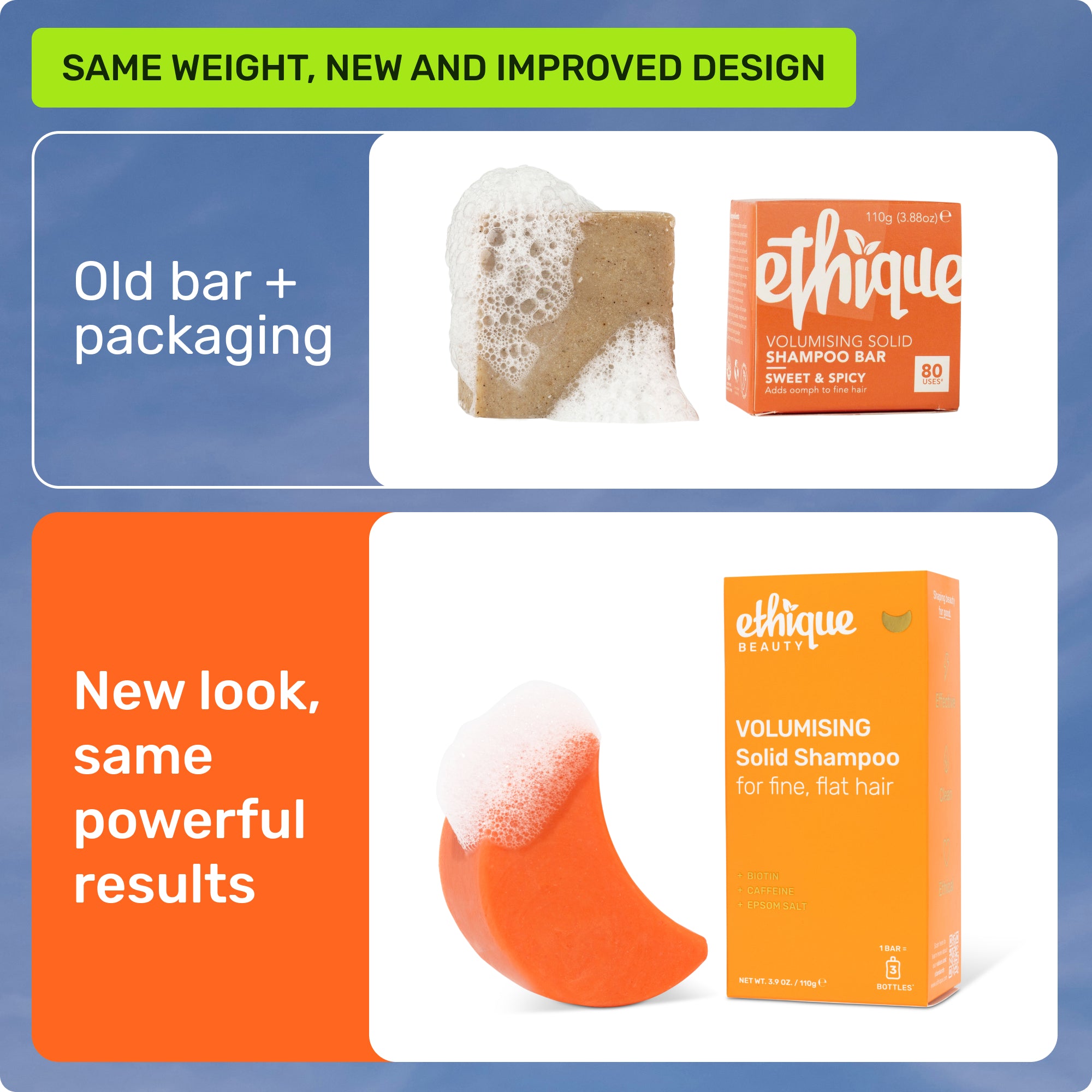 Same weight, new and improved design. Old bar + packaging. New look, same powerful results.