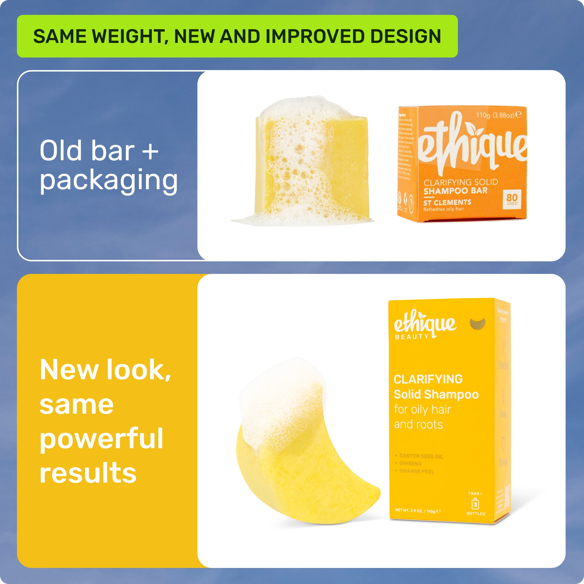 Same weight, new and improved design. Old bar + packaging. New look, same powerful results. 
