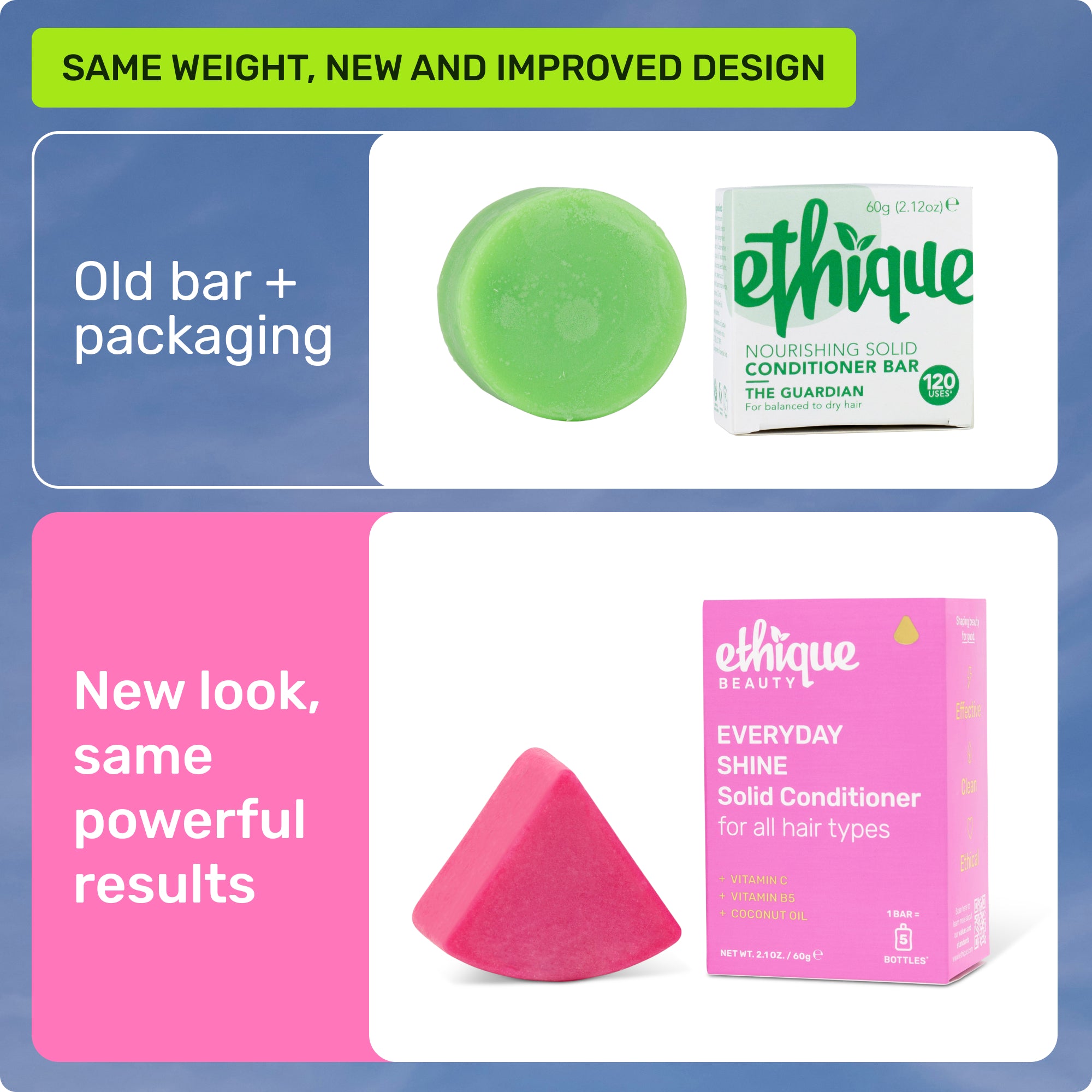 Same weight, new and improved design. Old bar + packaging. New look, same powerful results. 
