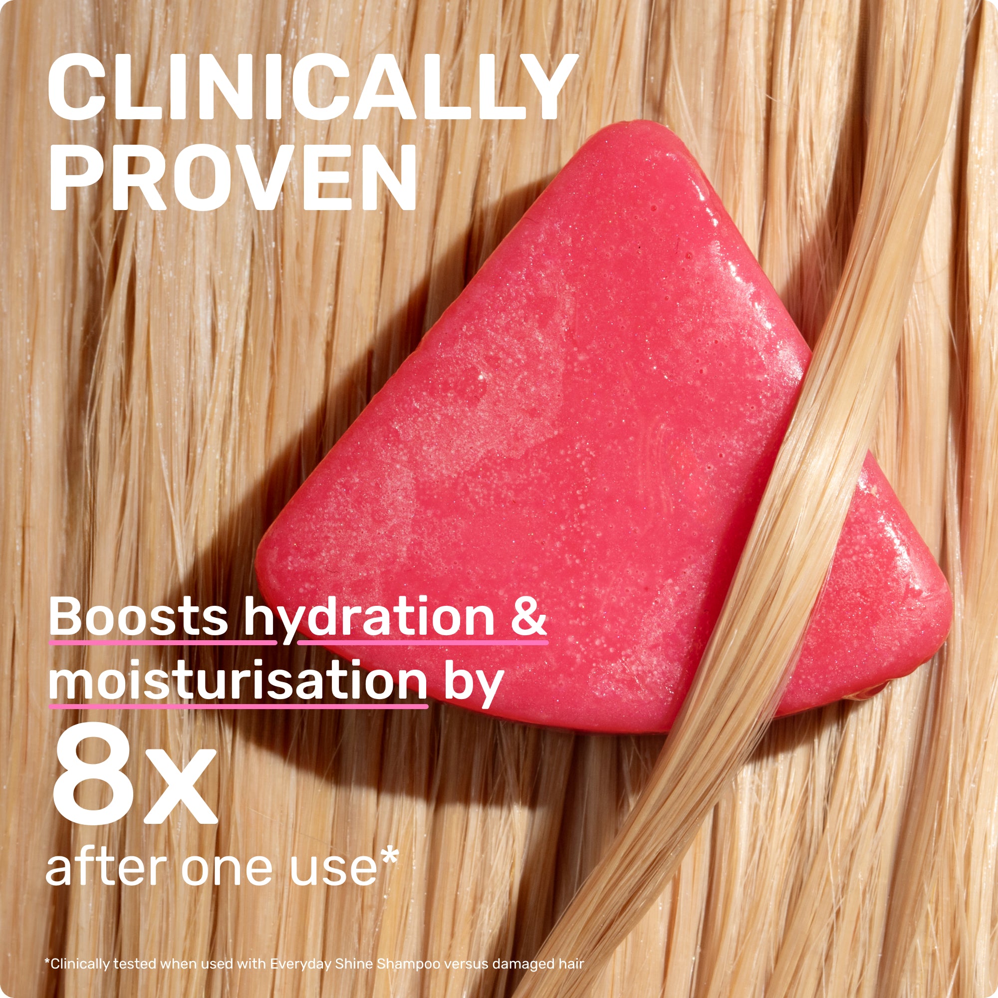 Clinically proven 
boosts hydration and moisturization by 8X after one use * Clinically tested when used with everyday shine shampoo versus damaged hair