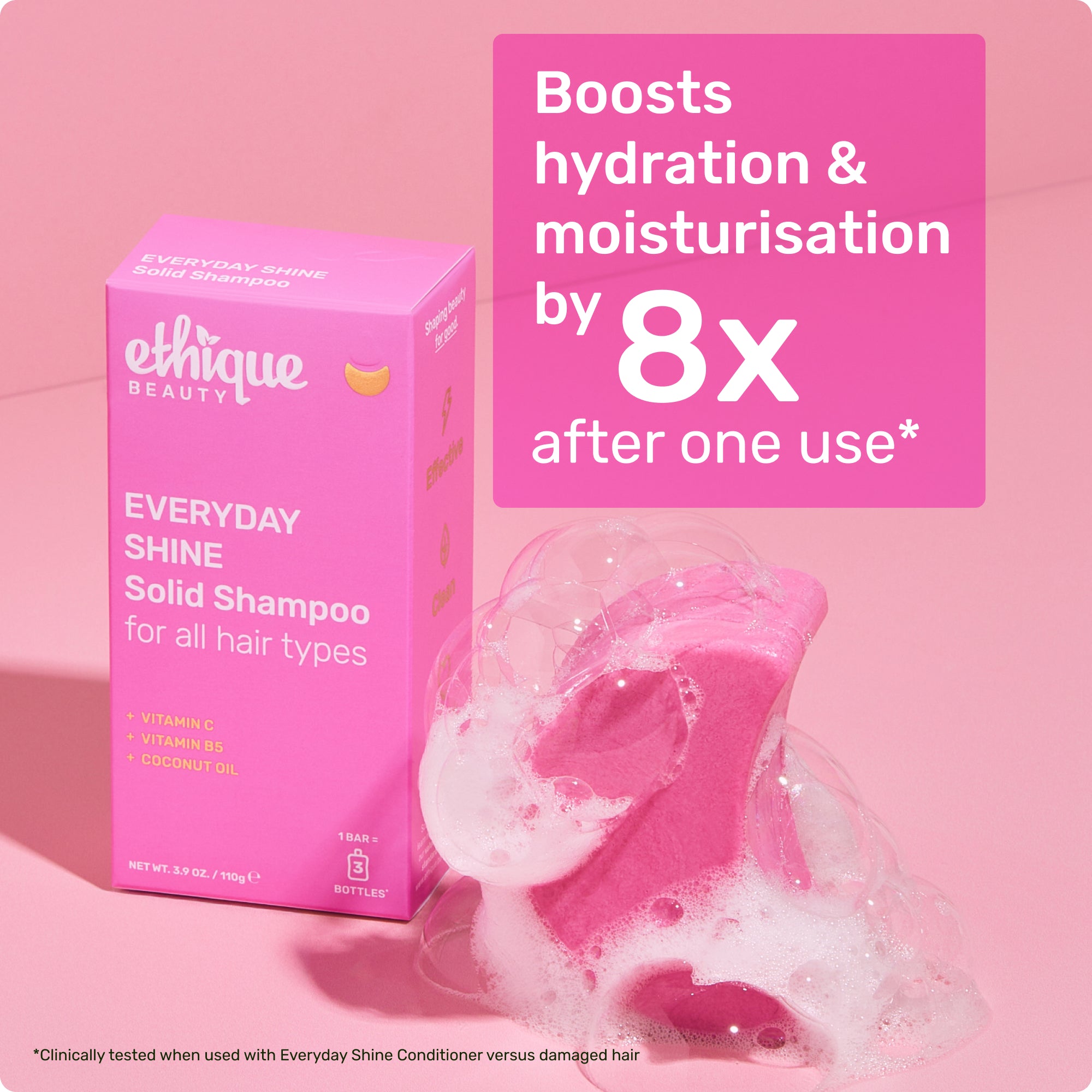 Boosts hydration and moisturization by 8x after one use* *Clinically tested when used with Everyday Shine Conditioner versus damaged hair.
