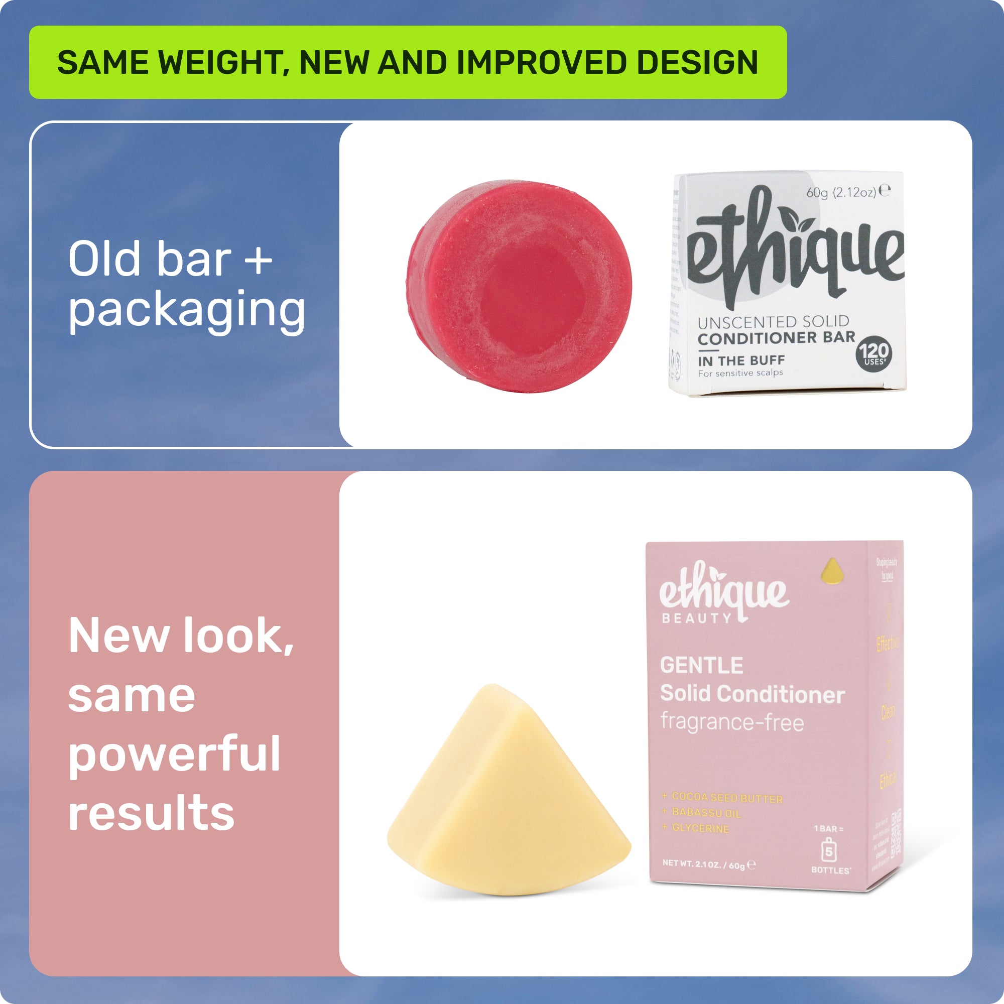 Same weight, new and improved design. Old bar + packaging. New look, same powerful results. 
