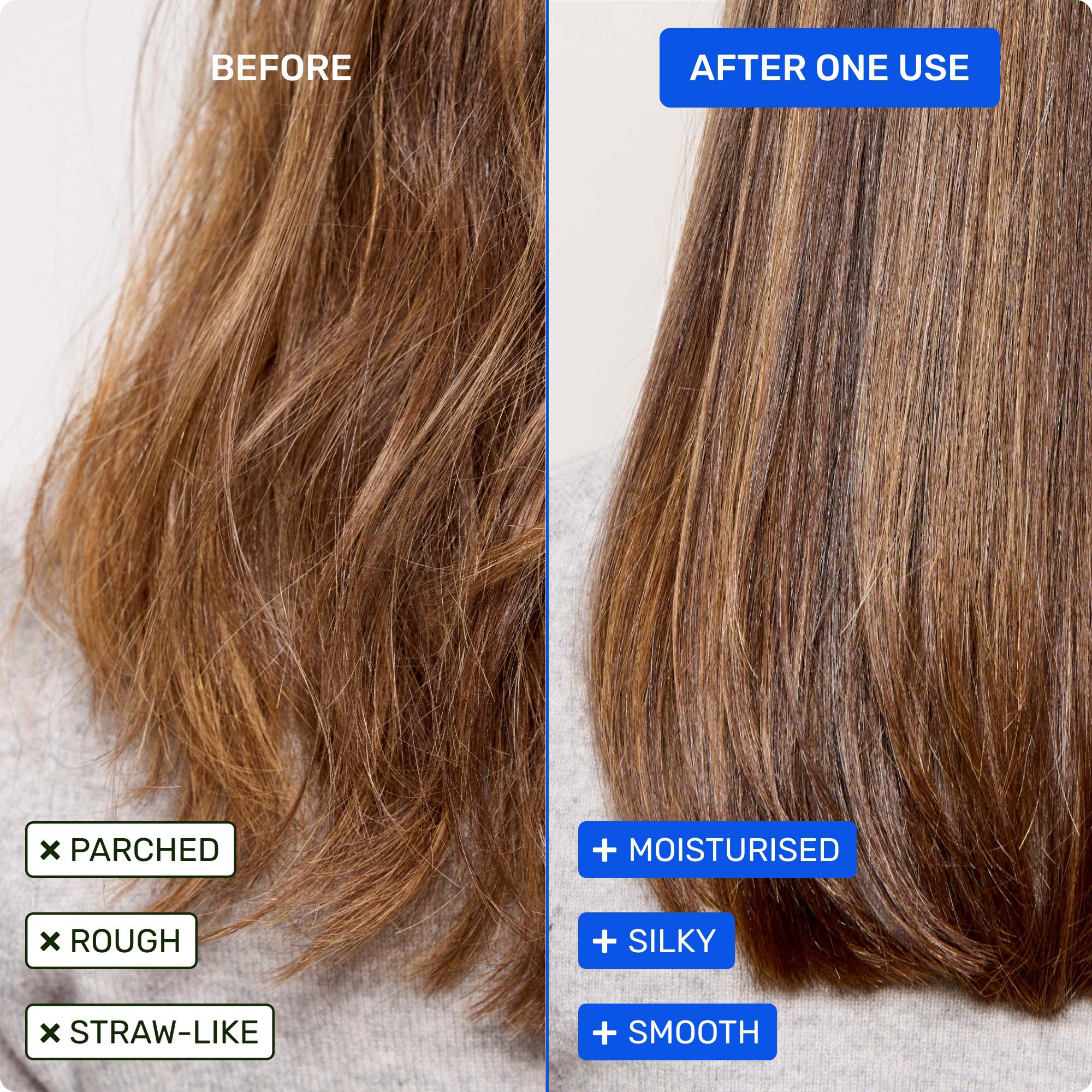 Before - parched, rough, straw-like. After one use - moisturised, smooth, silky.
