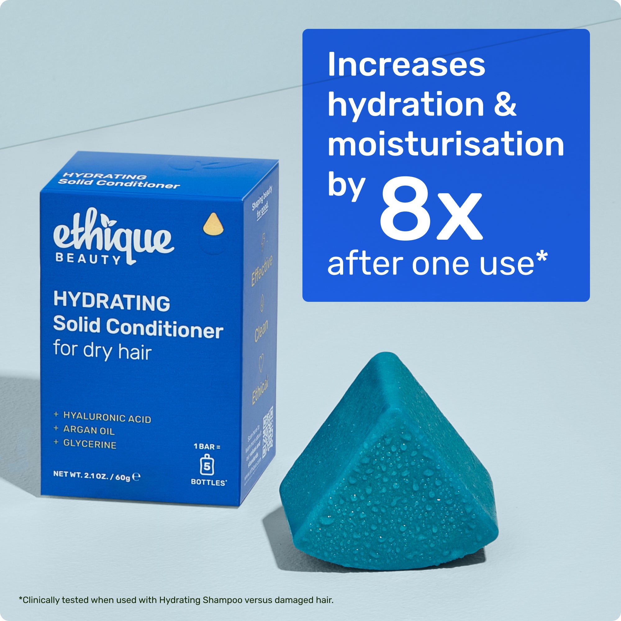 Hydrating conditioner increases hydration & moisturisation by 8x after one use. clinically tested when used with hydrating shampoo vs damaged hair