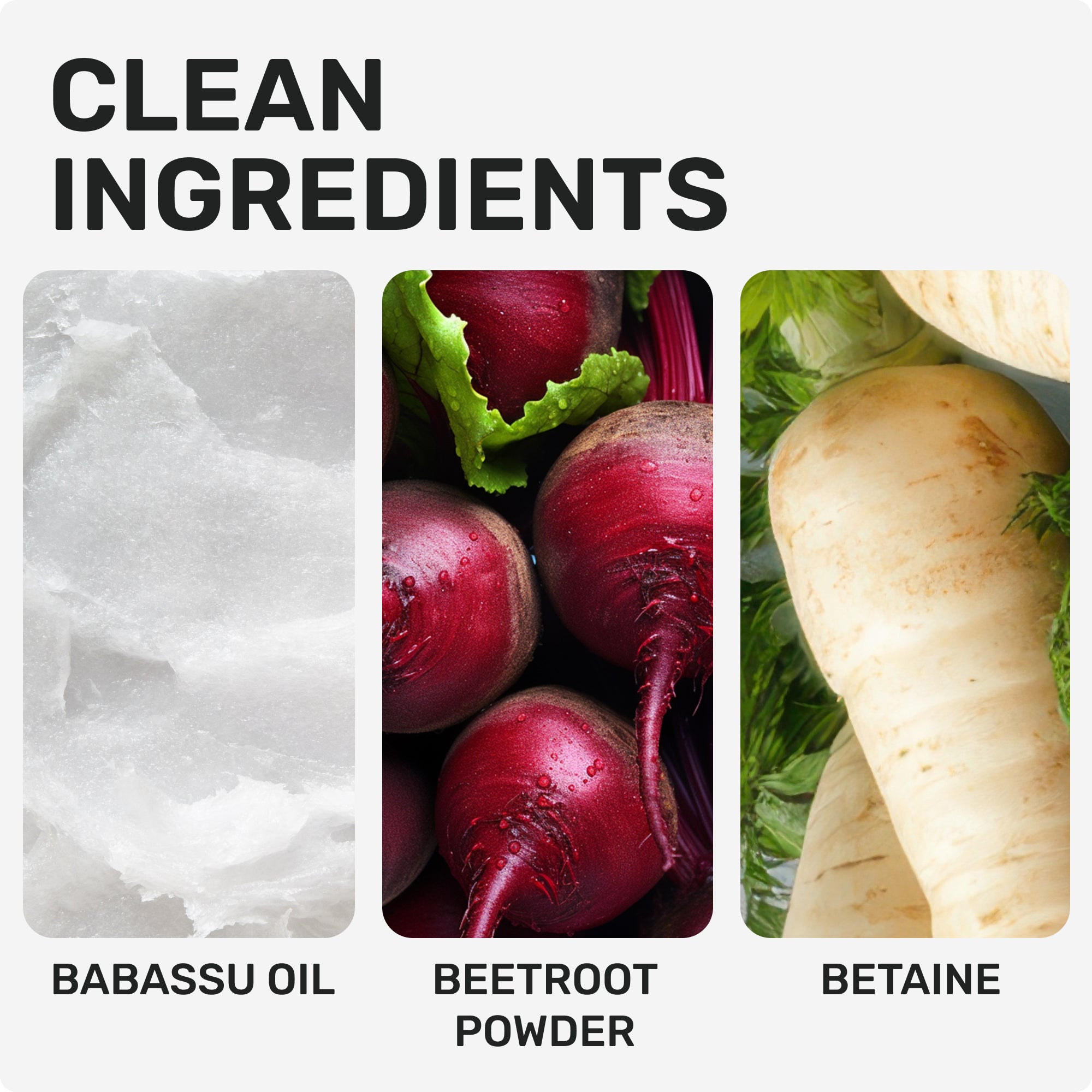 CLEAN INGREDIENTS
Babassu Oil
Beetroot Powder
Betaine