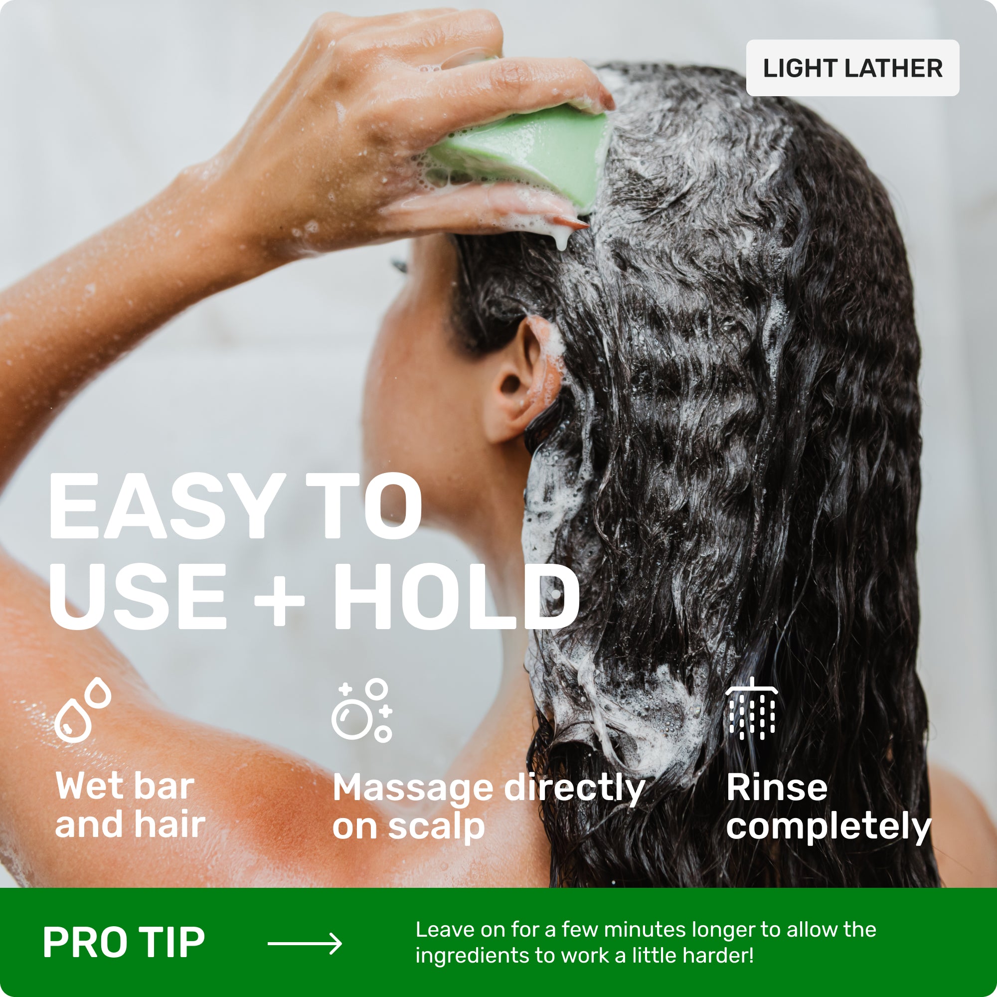 Easy to use + hold wet bar and hair massage directly on scalp rinse completely pro tip leve on for a few minutes longer to allow the inggredients to work a little harder