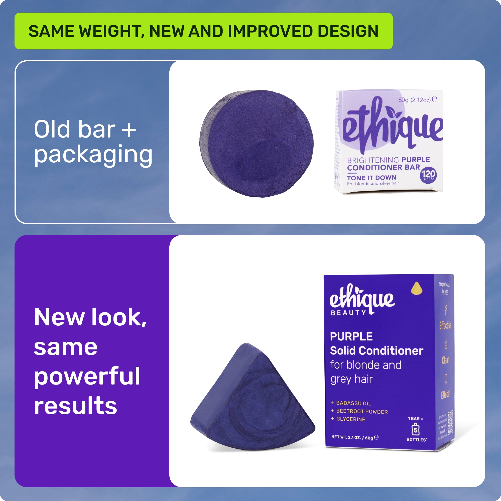 Same weight, new and improved design. Old bar + packaging. New look, same powerful results. 
