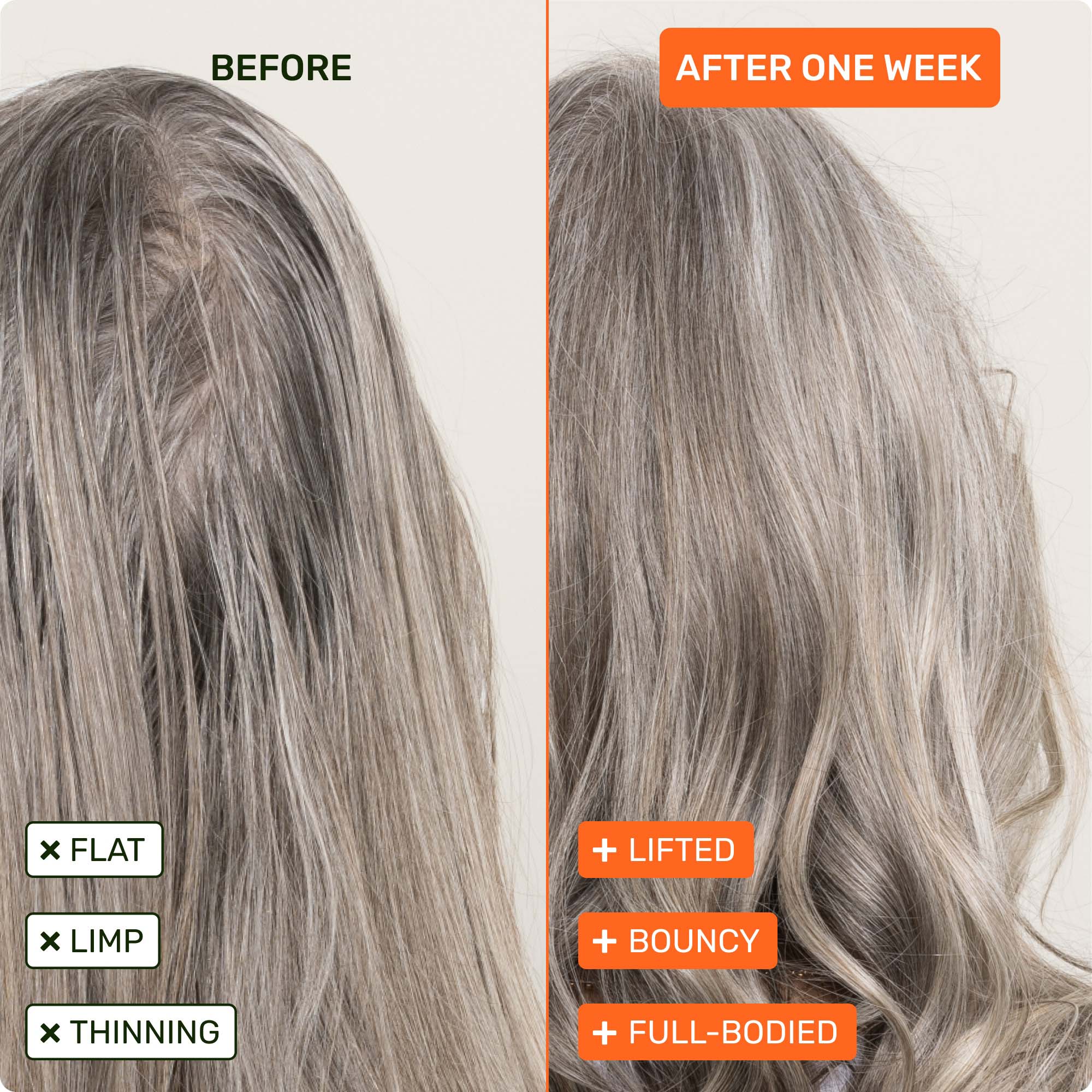before flat, limp, thinning. after one week lifted, bouncy, full-bodied