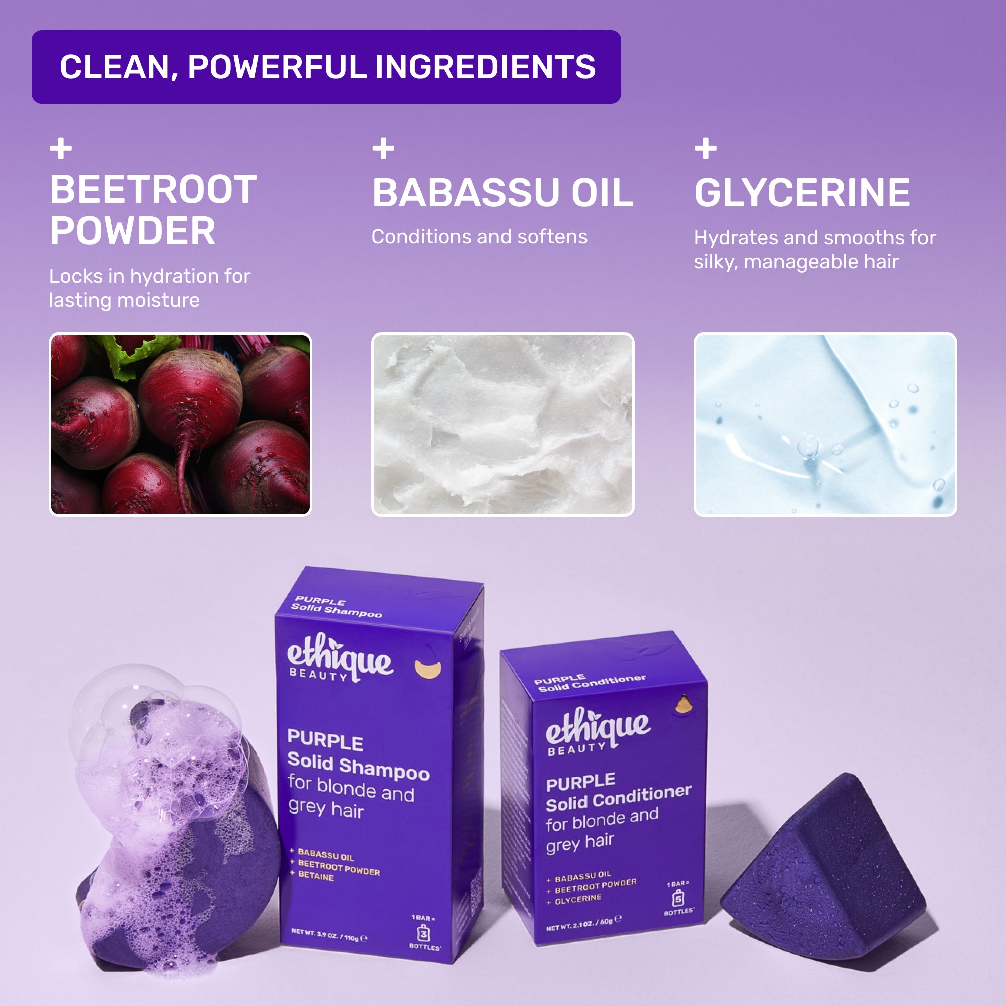 Clean, powerful ingredients: Beetroot Powder - locks in hydration for lasting moisture. Babassu Oil - conditions and softens. Glycerine - hydrates and smooths for silky, manageable hair. 