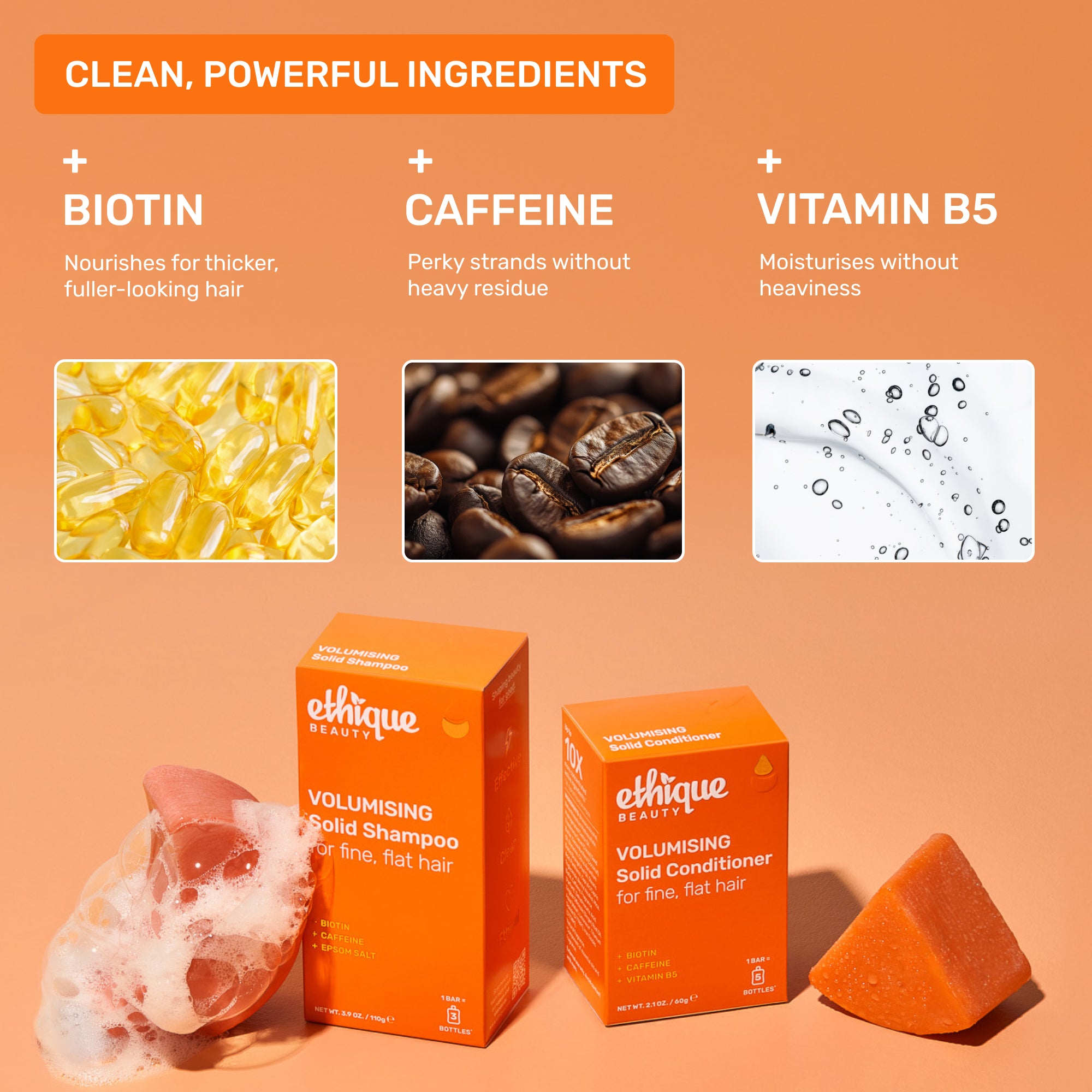 Clean, powerful ingredients: Biotin - nourishes for thicker, fuller looking hair. Caffeine - perky strands without heavy residue. Vitamin B5 - moisturises without heaviness. 